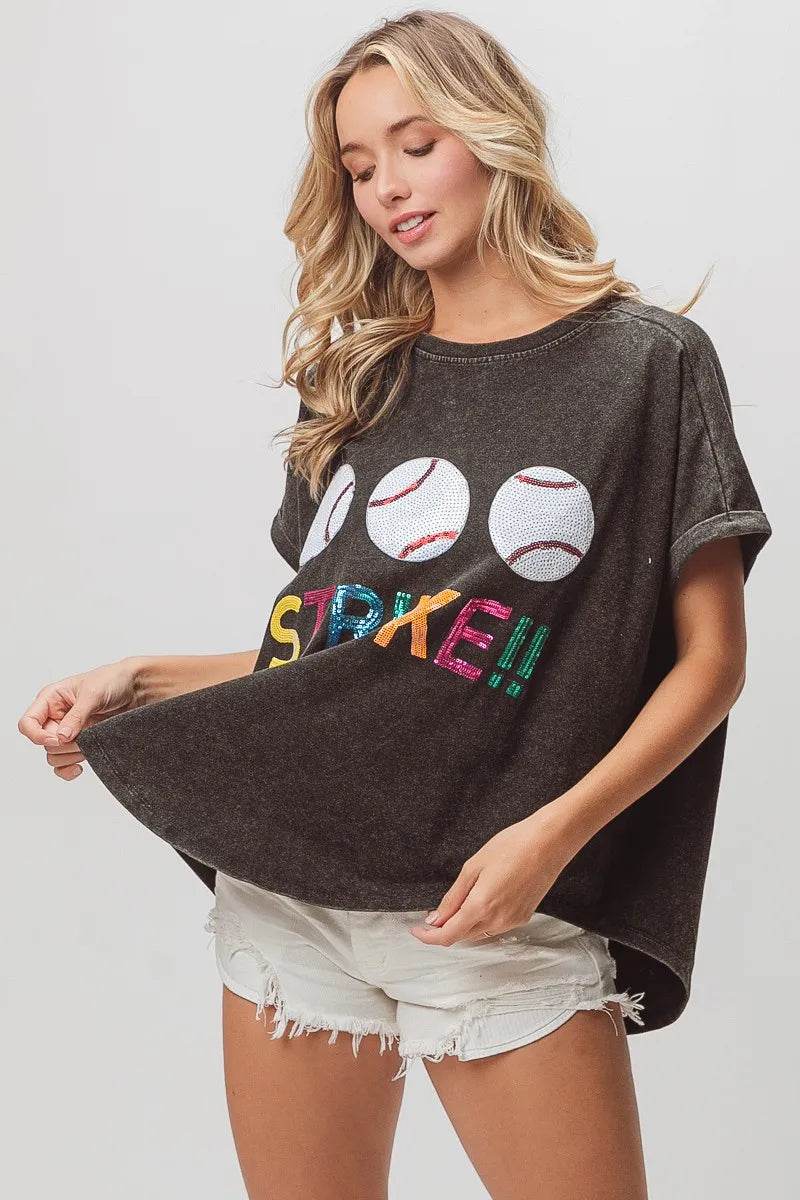 BiBi Sequin Baseballs Strike Washed Short Sleeve Top