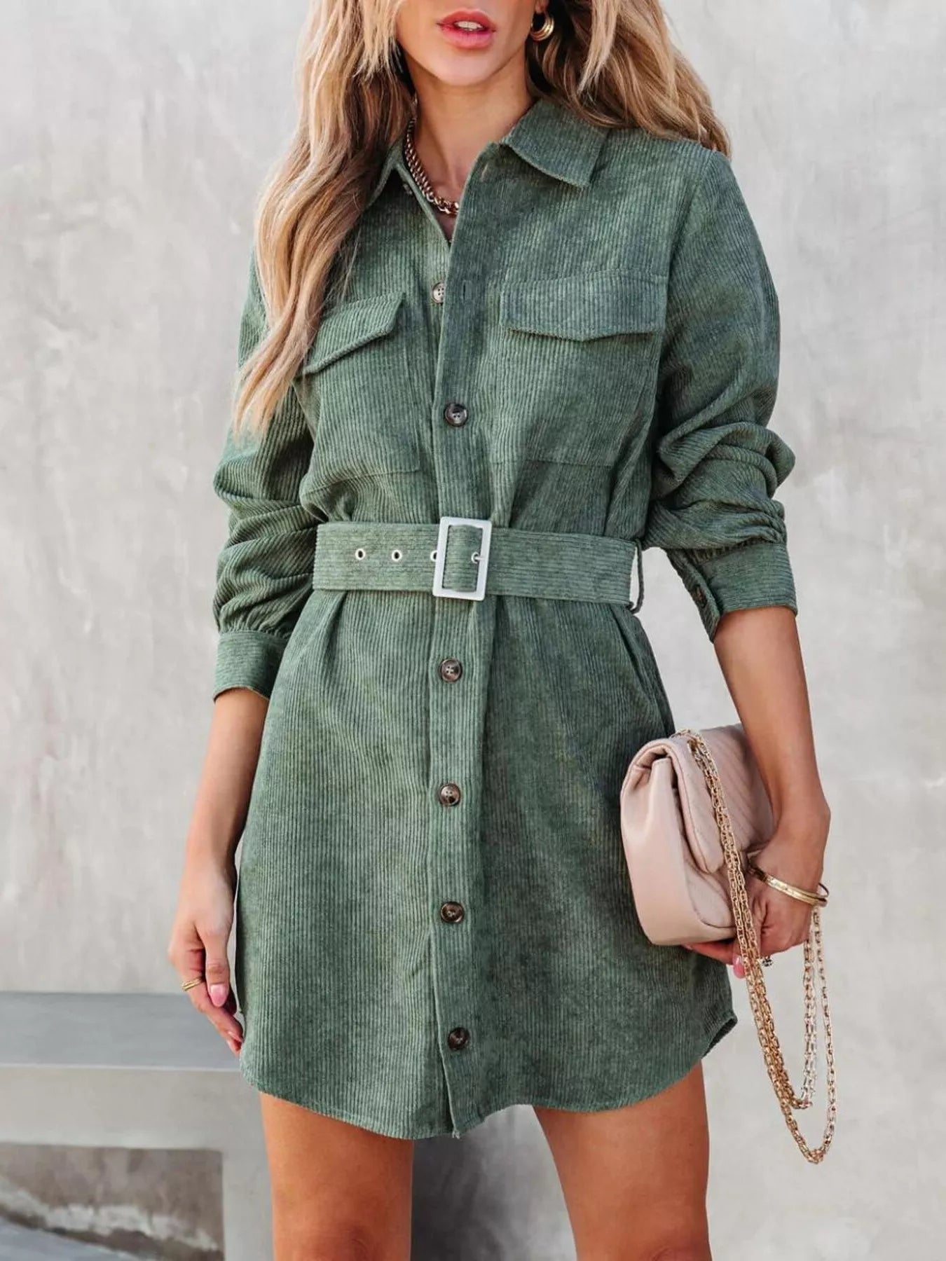 Button Front Belt Long Sleeve Corduroy Dress