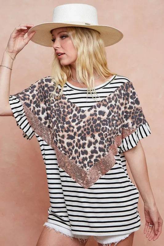 BiBi Stripe Rayon Span Knit Color Block Top With Leopard