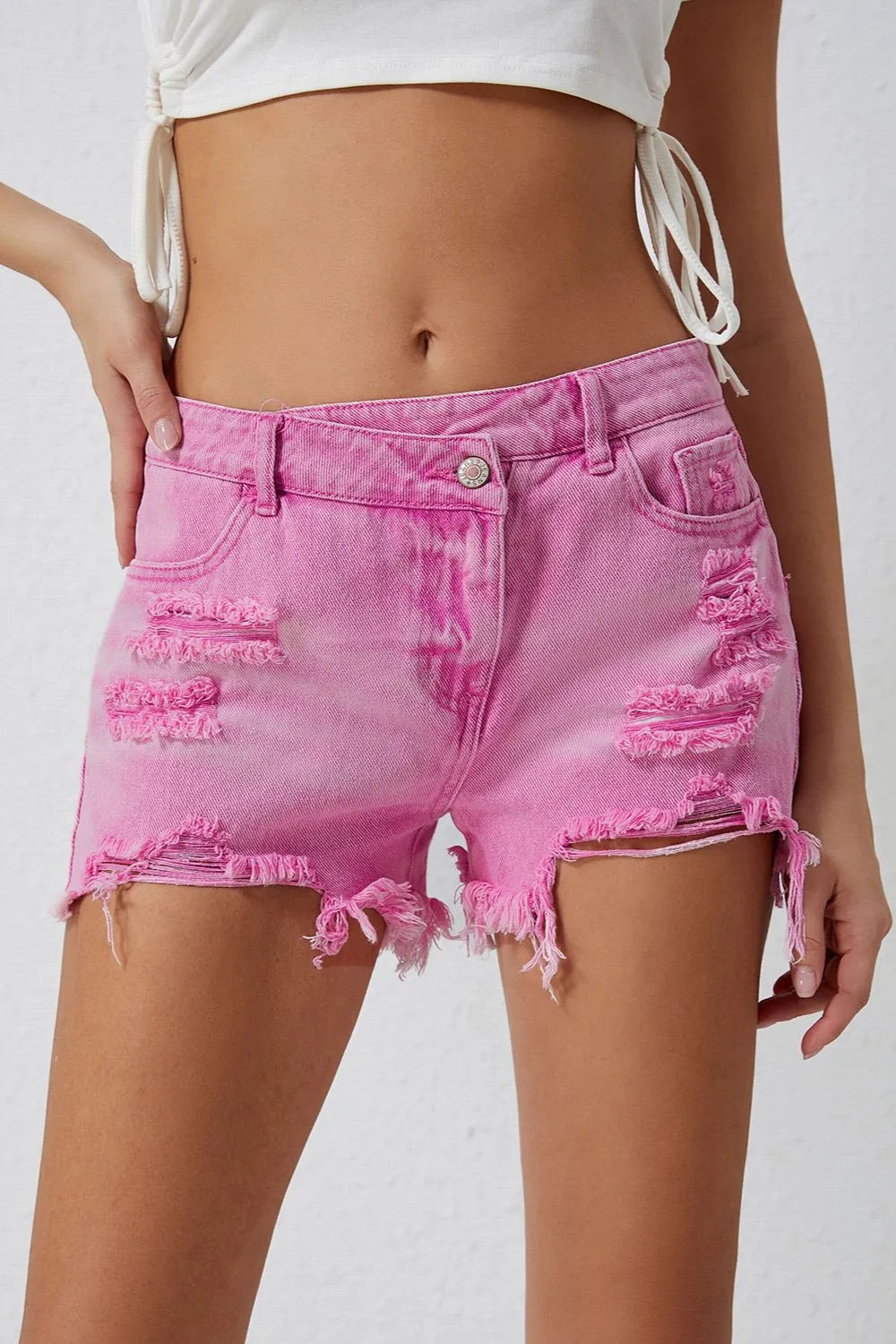 Crossover Cutie High Rise Distressed Denim Shorts