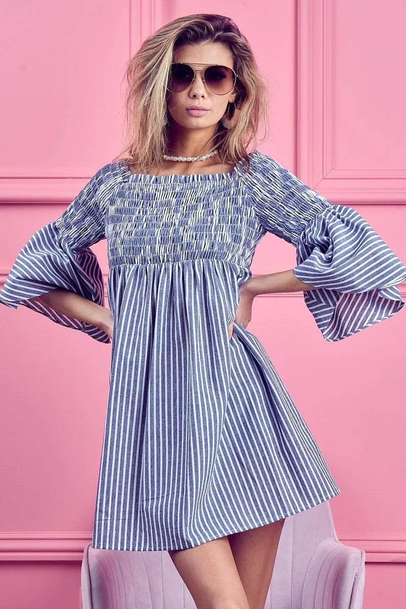 BiBi Smocked Off Shoulder Striped Dress