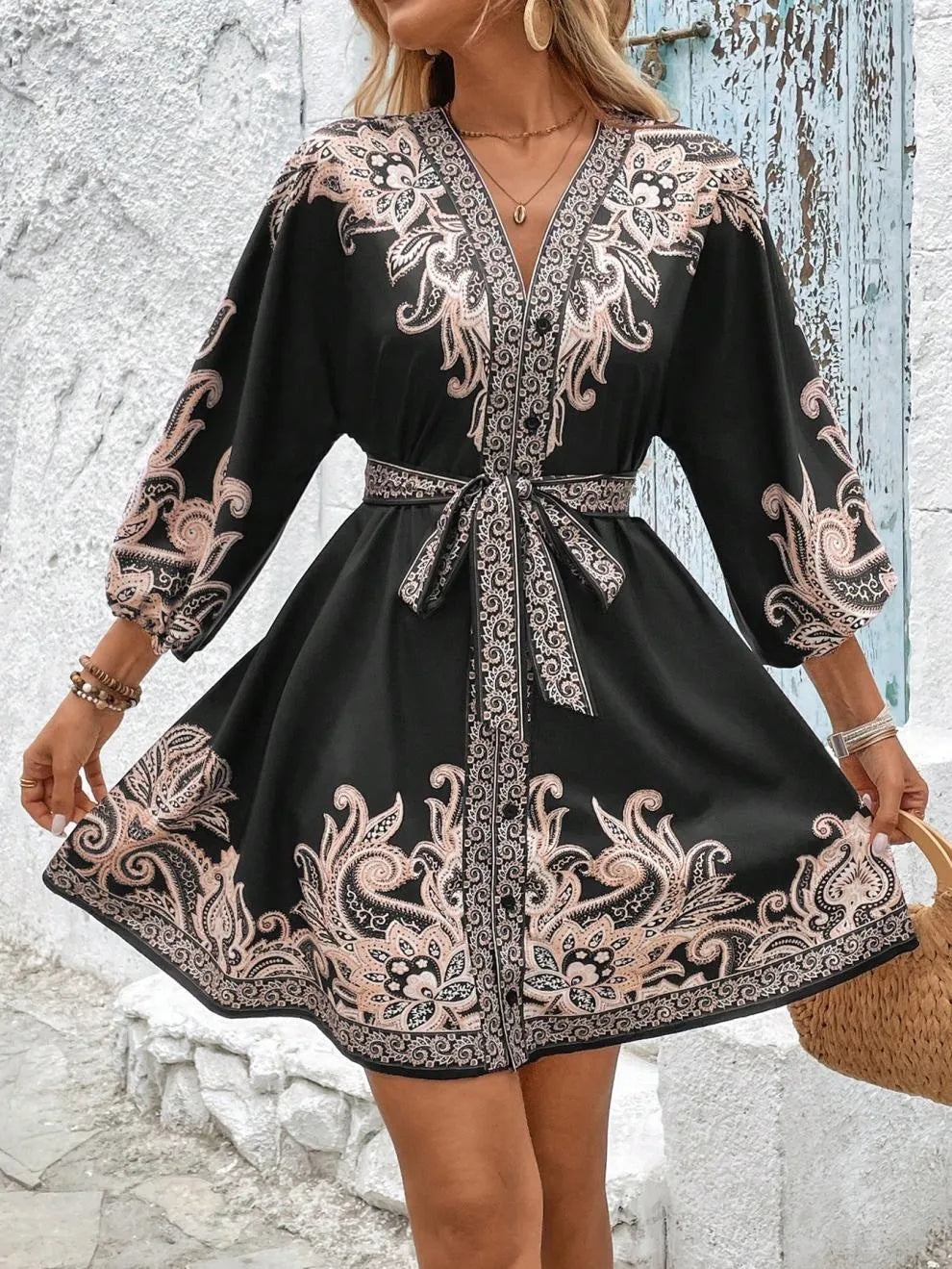Boho Luxe Paisley Belted Mini Dress