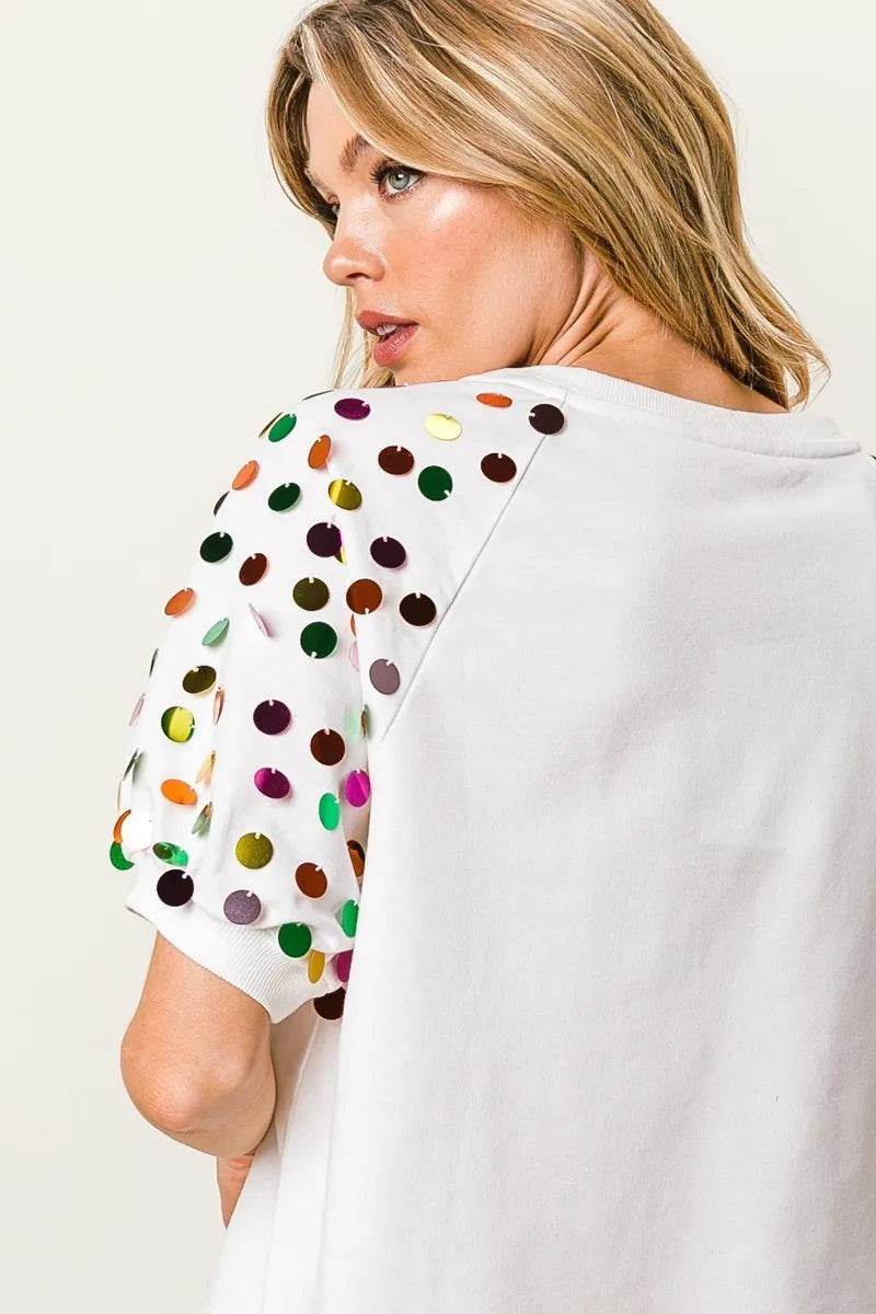 BiBi Metallic Letter Spangle Raglan Puff Sleeve Top