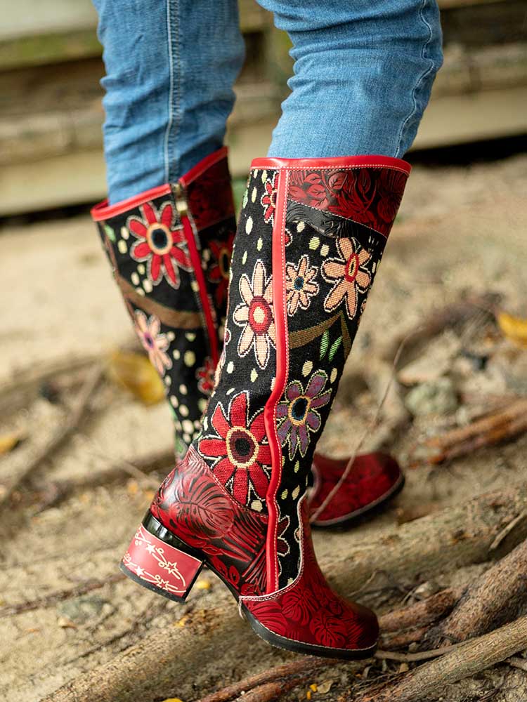Bohemian Leather Block Heel Long Boots