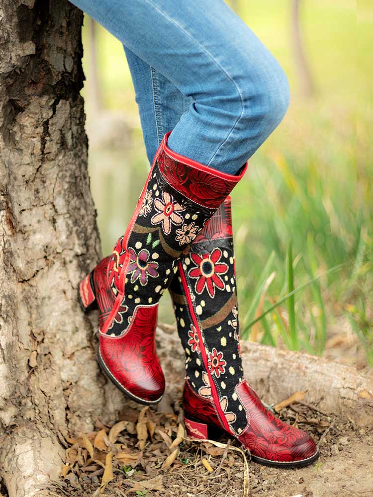 Bohemian Leather Block Heel Long Boots