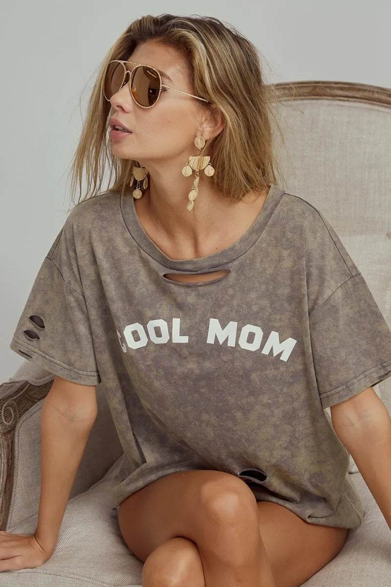 BiBi Washed Laser Cut Detail Cool Mom Print Top