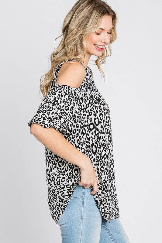 Heimish Full Size Leopard Round Neck Cold Shoulder T-Shirt Plus Size