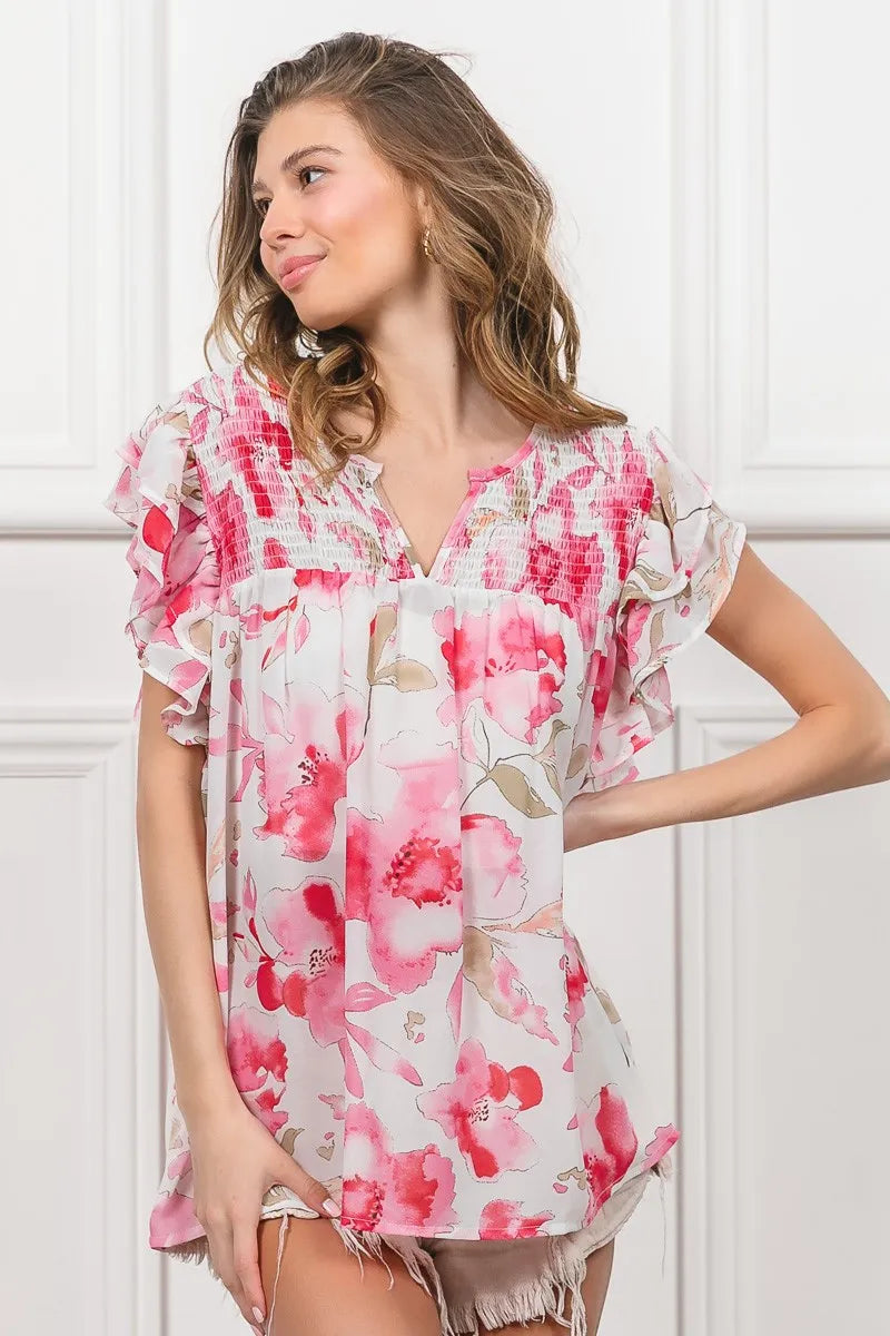 BiBi Floral Print Flutter Sheer Top