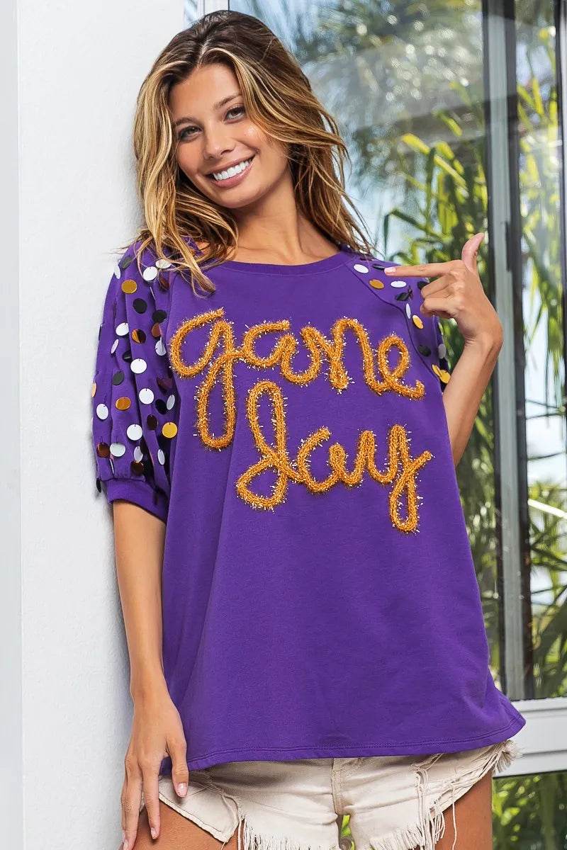 BiBi Game Day Metallic Letter Spangle Sleeve Top
