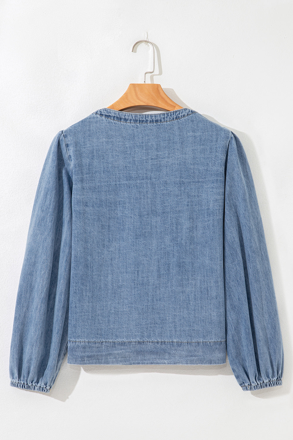 Oakley Tied Front Long Puff Sleeve Denim Top