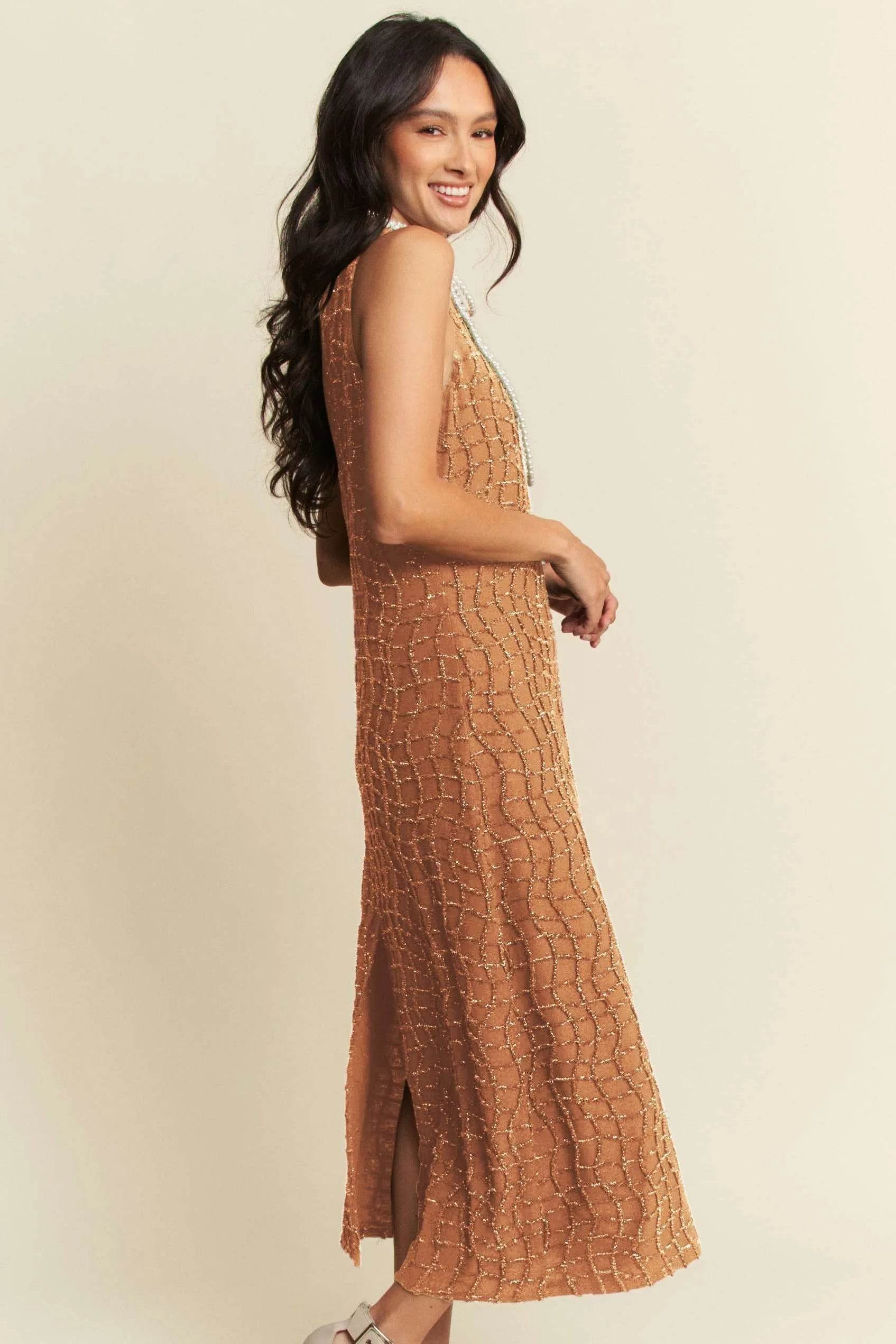Davi & Dani Golden Textured Zippered Midi Dress