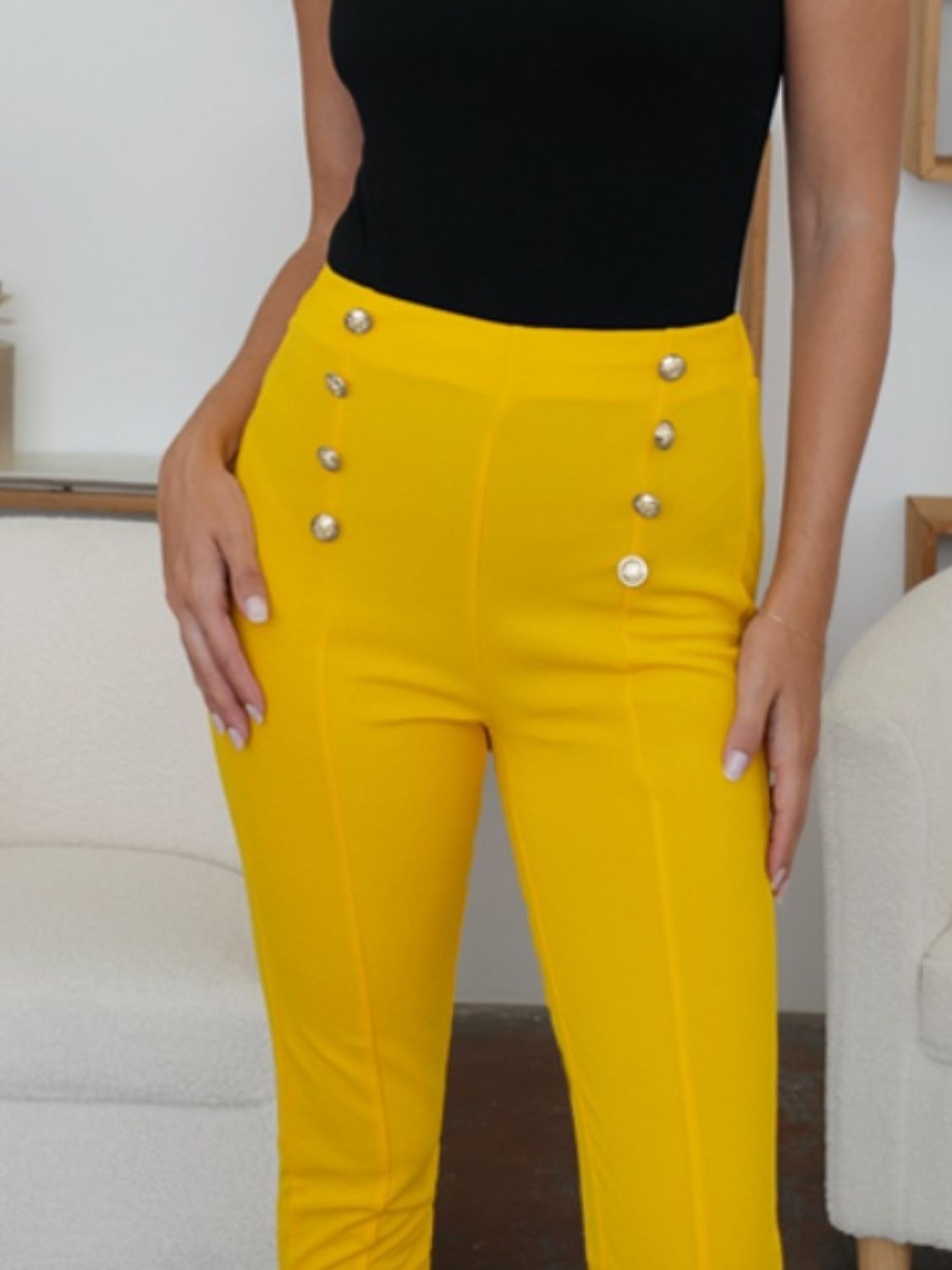 Chic High-Waist Button Detail Skinny Pants