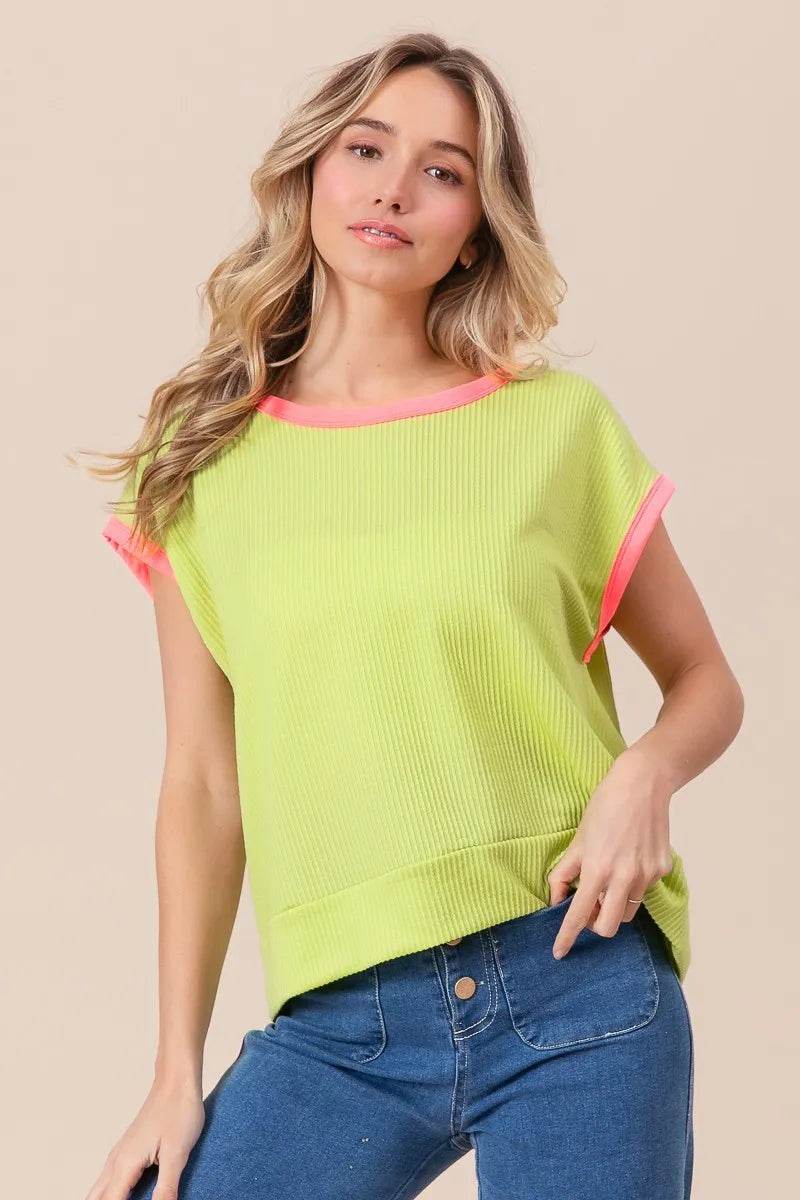 BiBi Cord Rib Knit Contrast Banded Top
