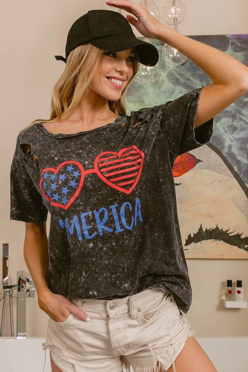 BiBi 4th Of July Theme Mineral Washed Laser Cut Top