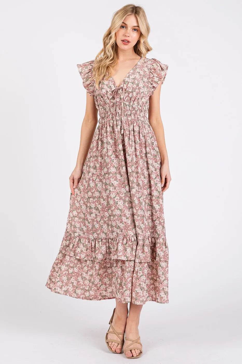 Mittoshop Flower Print Ruffle Cap Sleeve V-neck Midi Dress