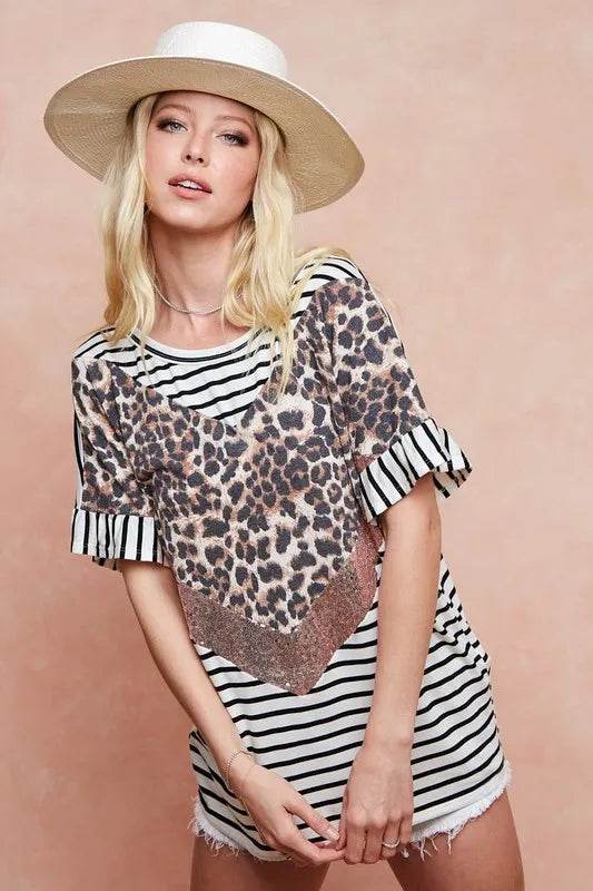 BiBi Stripe Rayon Span Knit Color Block Top With Leopard