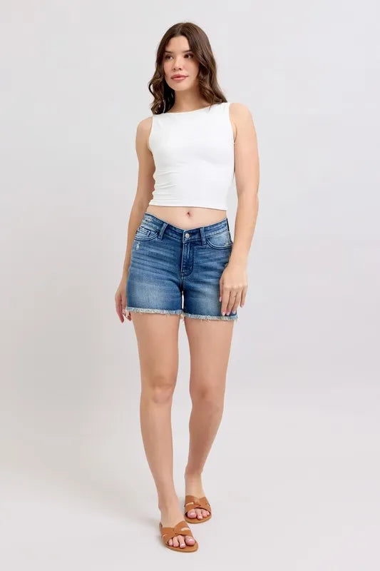 Judy Blue Full Size V-Front Denim Shorts with Shield Pockets Plus Size