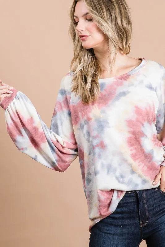 BiBi Tie Dye Print Terry Top With Puff Sleeves