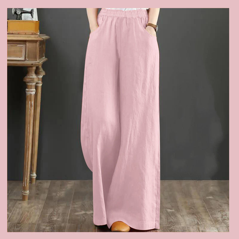 Pure Linen Plus Size Wide Leg Pants Women Drawstring Elastic