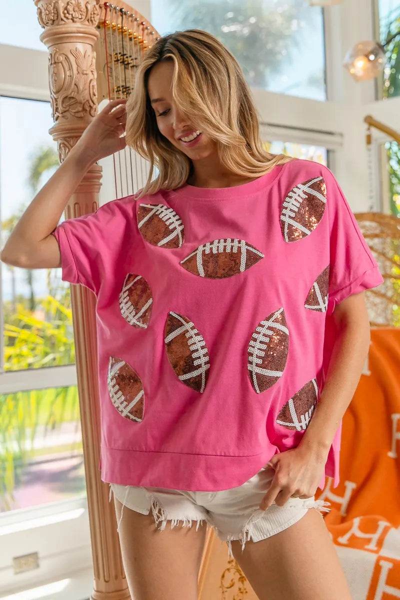 BiBi Game Day Sequins Patched Half Sleeves Top