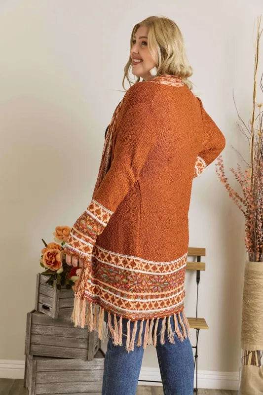 ADORA Full Size Fringe Hem Aztec Border Cardigan Plus Size