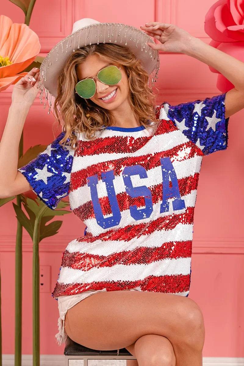 BiBi American Flag Theme USA Lettering Sequin Top