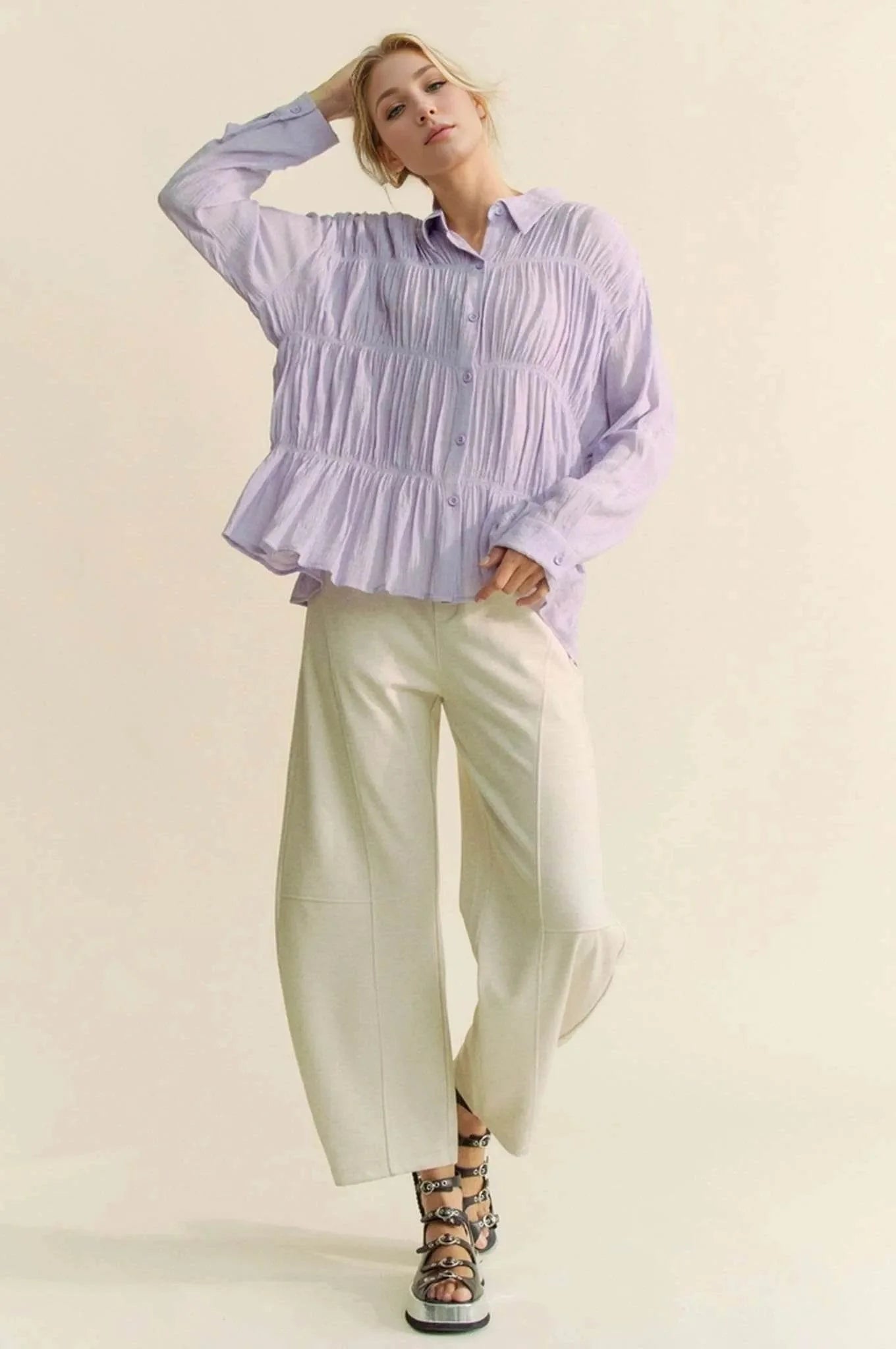 Davi & Dani Ruched All Over Button Front Shirt