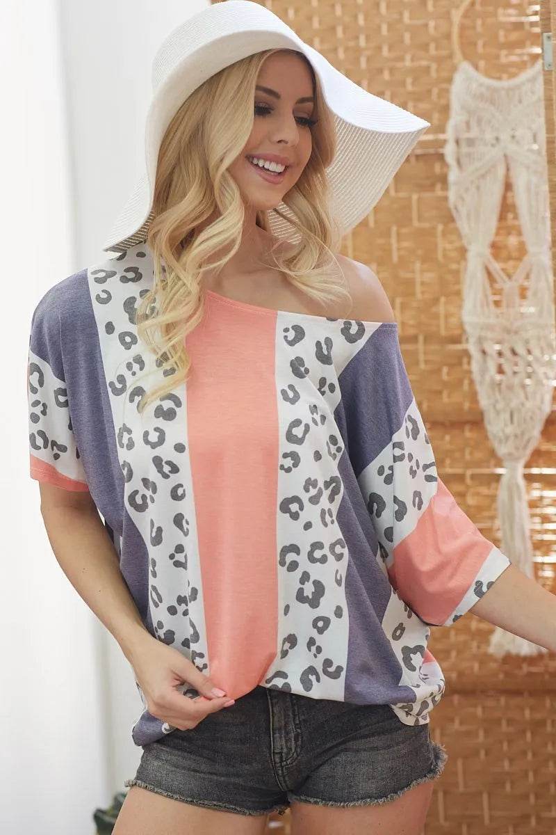 BiBi Leopard Stripe Printed French Terry Oversized Top