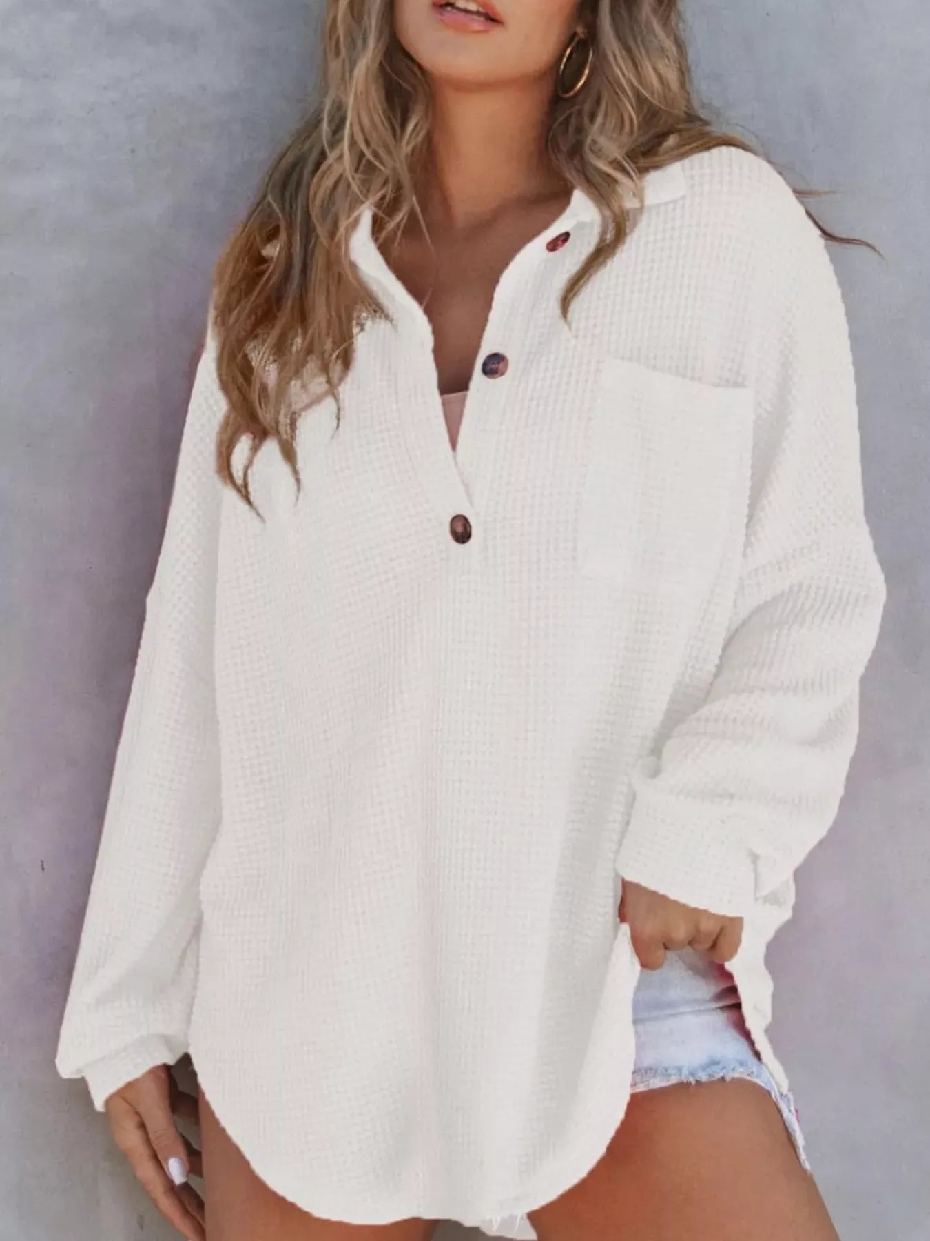 Casual Waffle Knit Button Detail Blouse