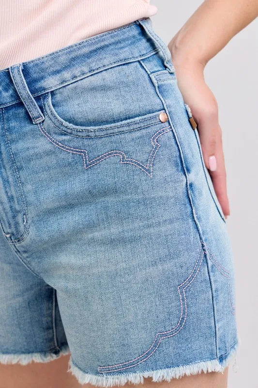 Judy Blue High Waist Western Embroidery Detail Cut Off Denim Shorts