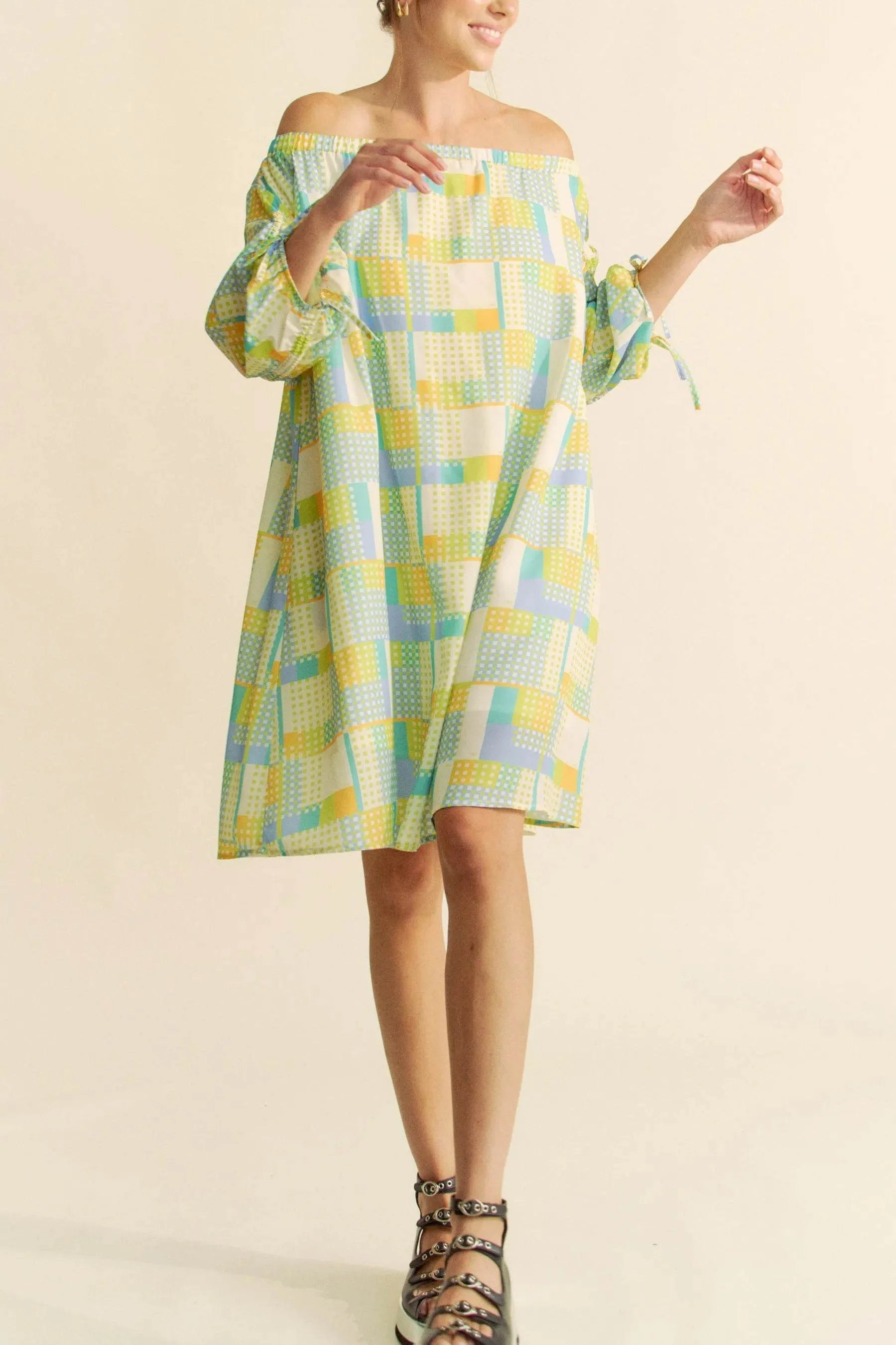 Davi & Dani Printed Off Shoulder Drawstring Sleeve Mini Dress