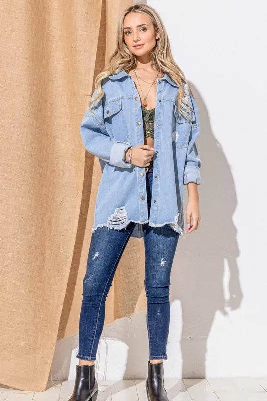 And The Why Button Front Flap Pocket Ripped Denim Jacket