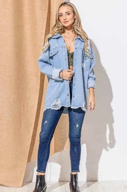 And The Why Front Flap Pocket Ripped Denim Jacket