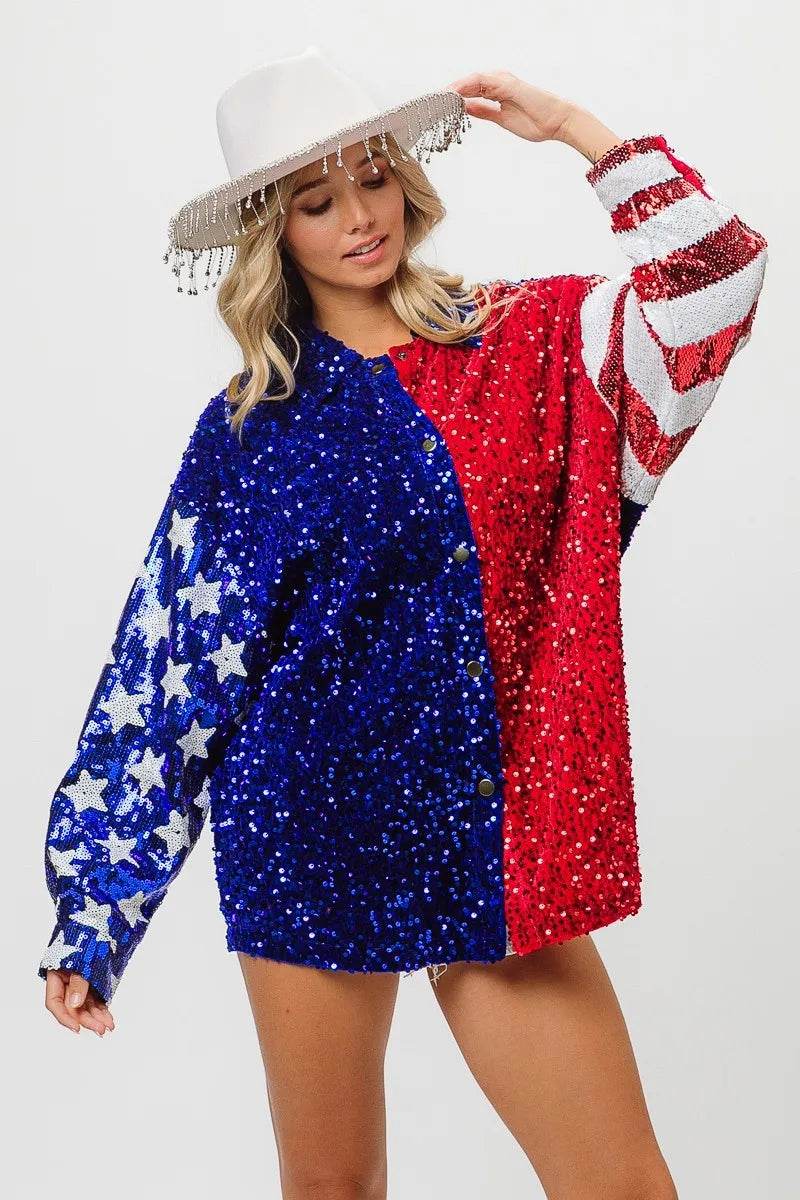 BiBi American Flag Sequin Snap Down Shirt