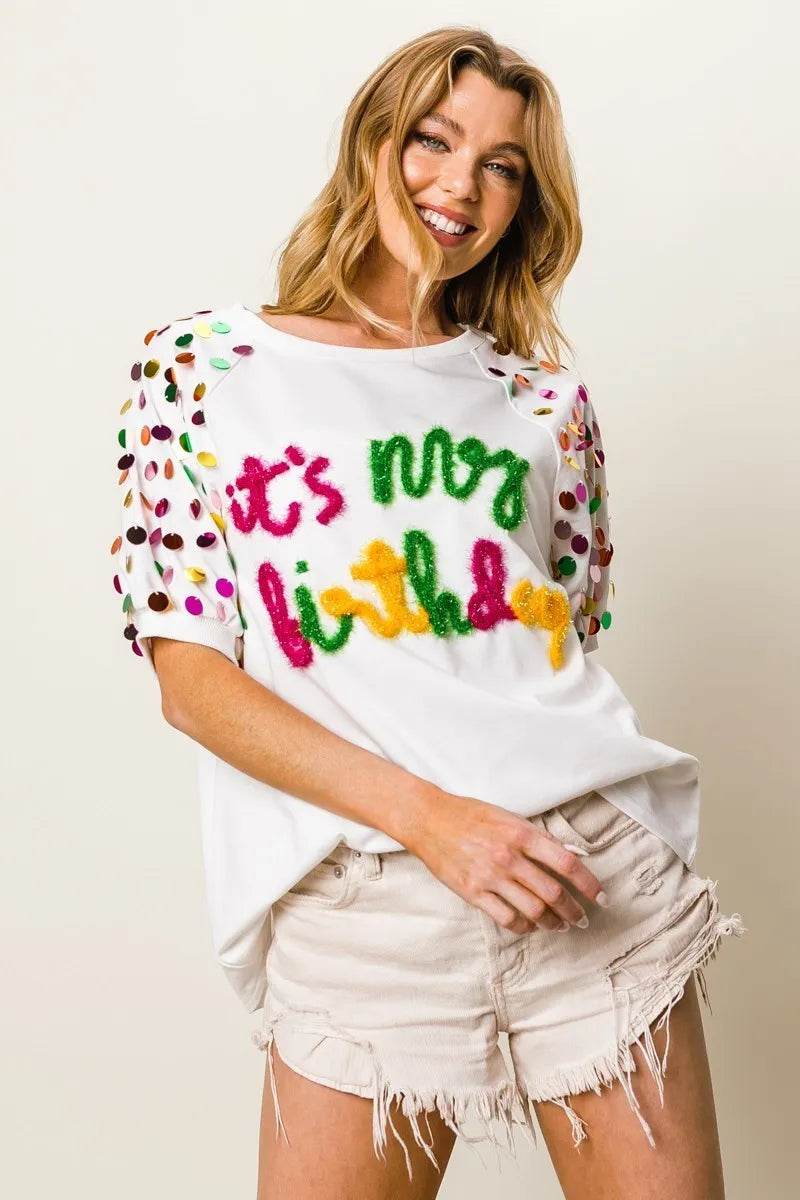 BiBi Metallic Letter Spangle Raglan Puff Sleeve Top