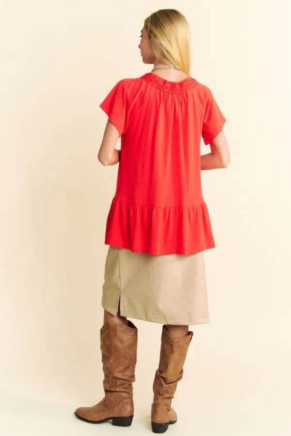 Davi & Dani Solid Lace Trim Neck Short Sleeve Peplum Top