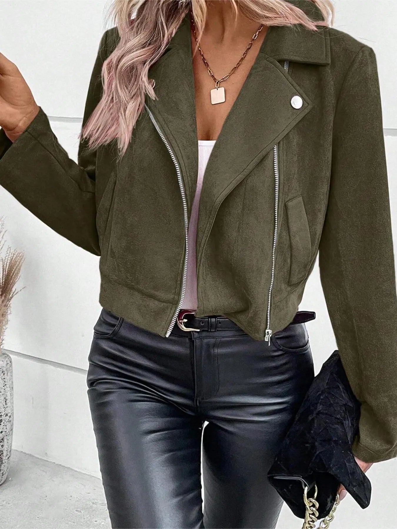 Bold & Bossy Zip-Up Suede Moto Crop Jacket