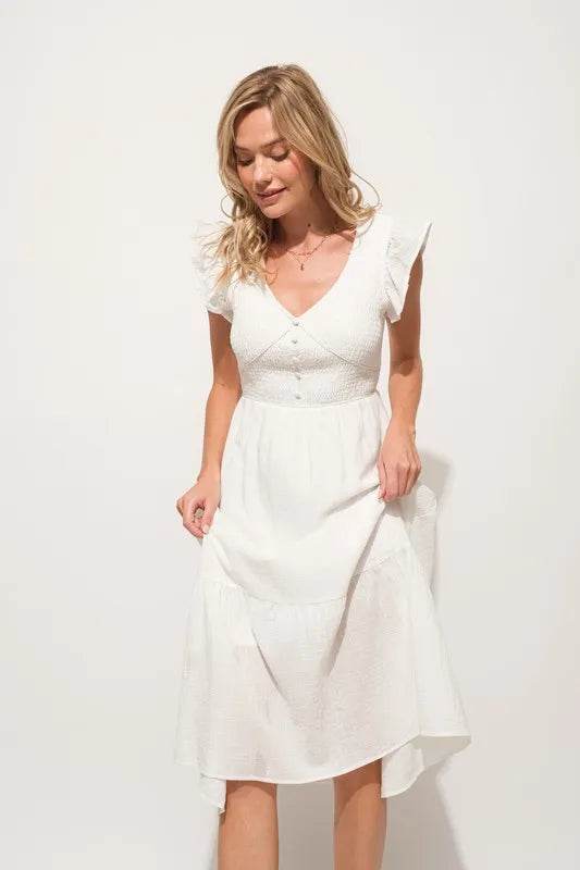 And The Why Ruffle Sleeve Front Smocked Tiered Midi Dress