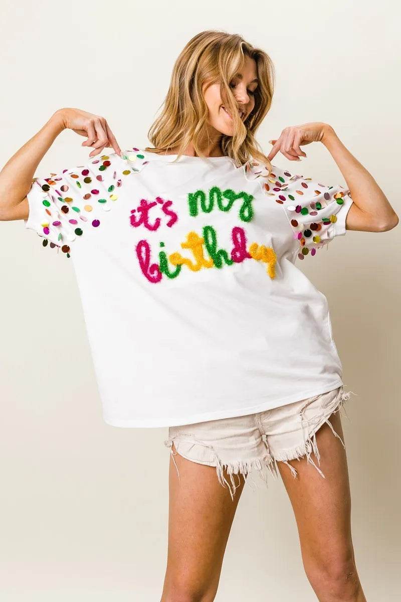 BiBi Metallic Letter Spangle Raglan Puff Sleeve Top