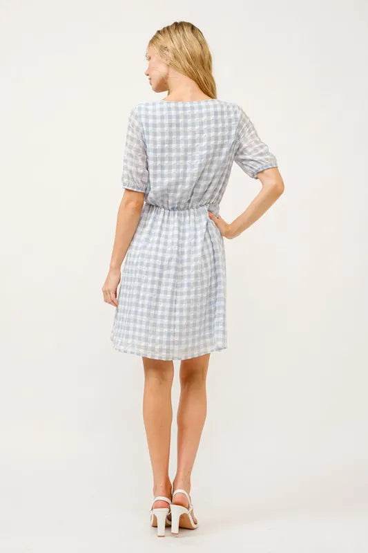 And The Why Puff Sleeve Ruched Button Front Gingham Dress
