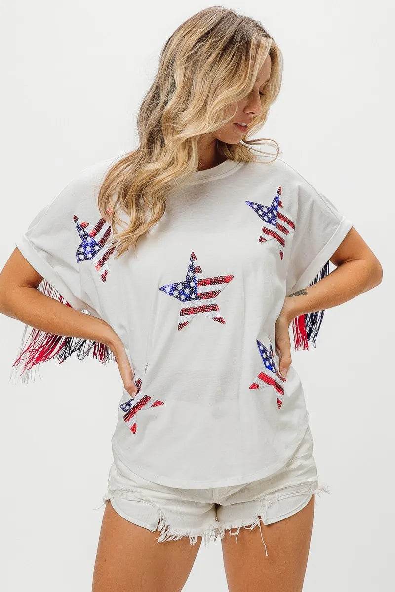 BiBi American Flag Sequin Star Fringe Top