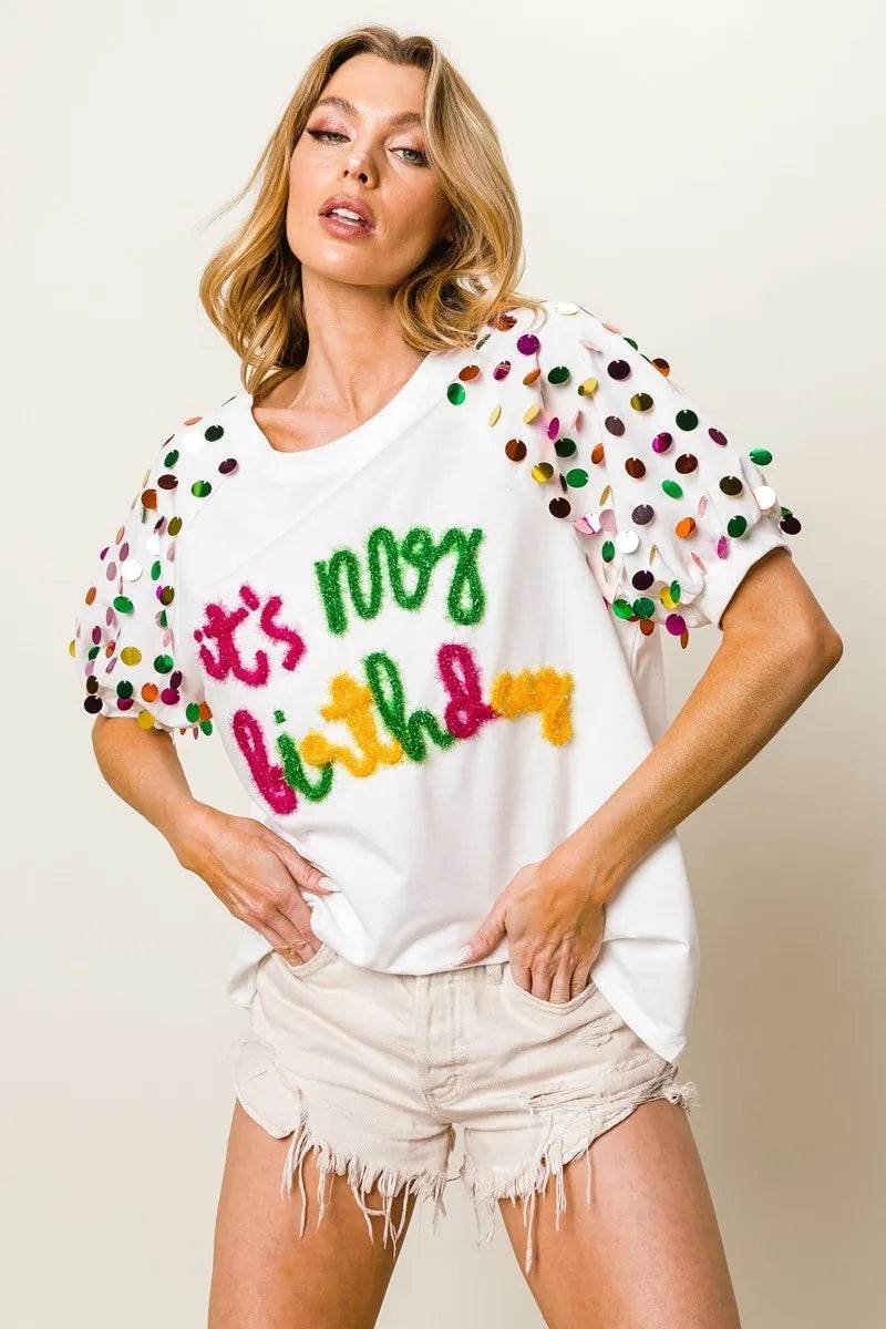 BiBi Metallic Letter Spangle Raglan Puff Sleeve Top