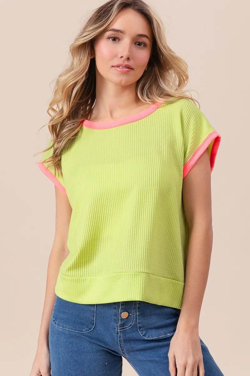 BiBi Cord Rib Knit Contrast Banded Top