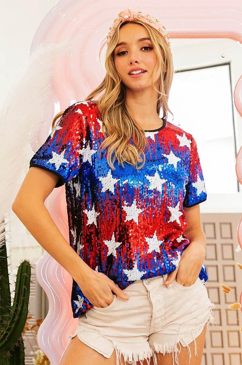 BiBi American Theme Star Pattern Sequin Top