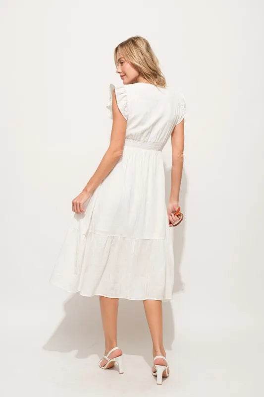 And The Why Ruffle Sleeve Front Smocked Tiered Midi Dress
