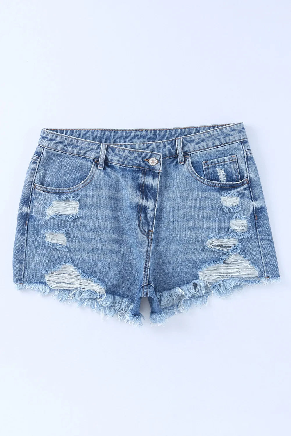 Crossover Cutie High Rise Distressed Denim Shorts