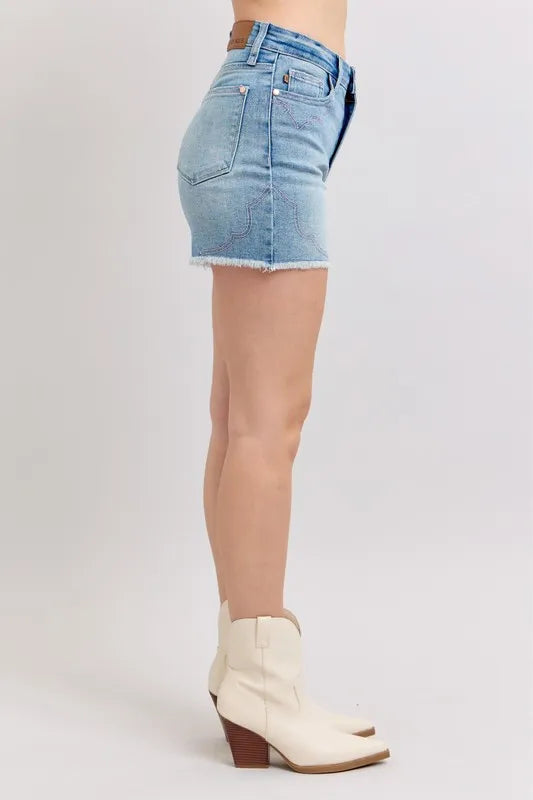 Judy Blue High Waist Western Embroidery Detail Cut Off Denim Shorts