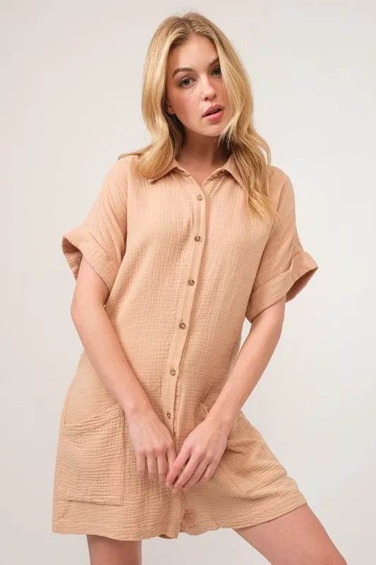 And The Why Washed Gauze Roll-up Sleeve Comfort Utility Romper