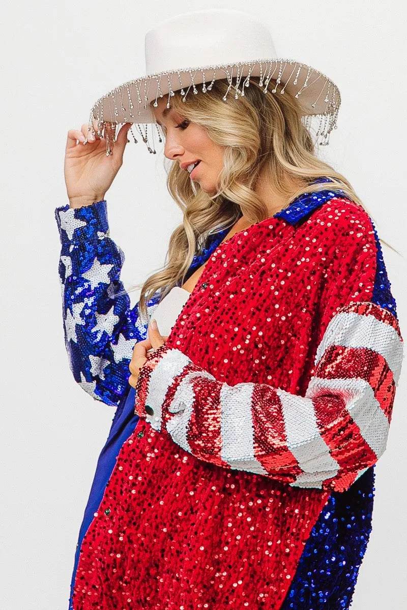 BiBi American Flag Sequin Snap Down Shirt