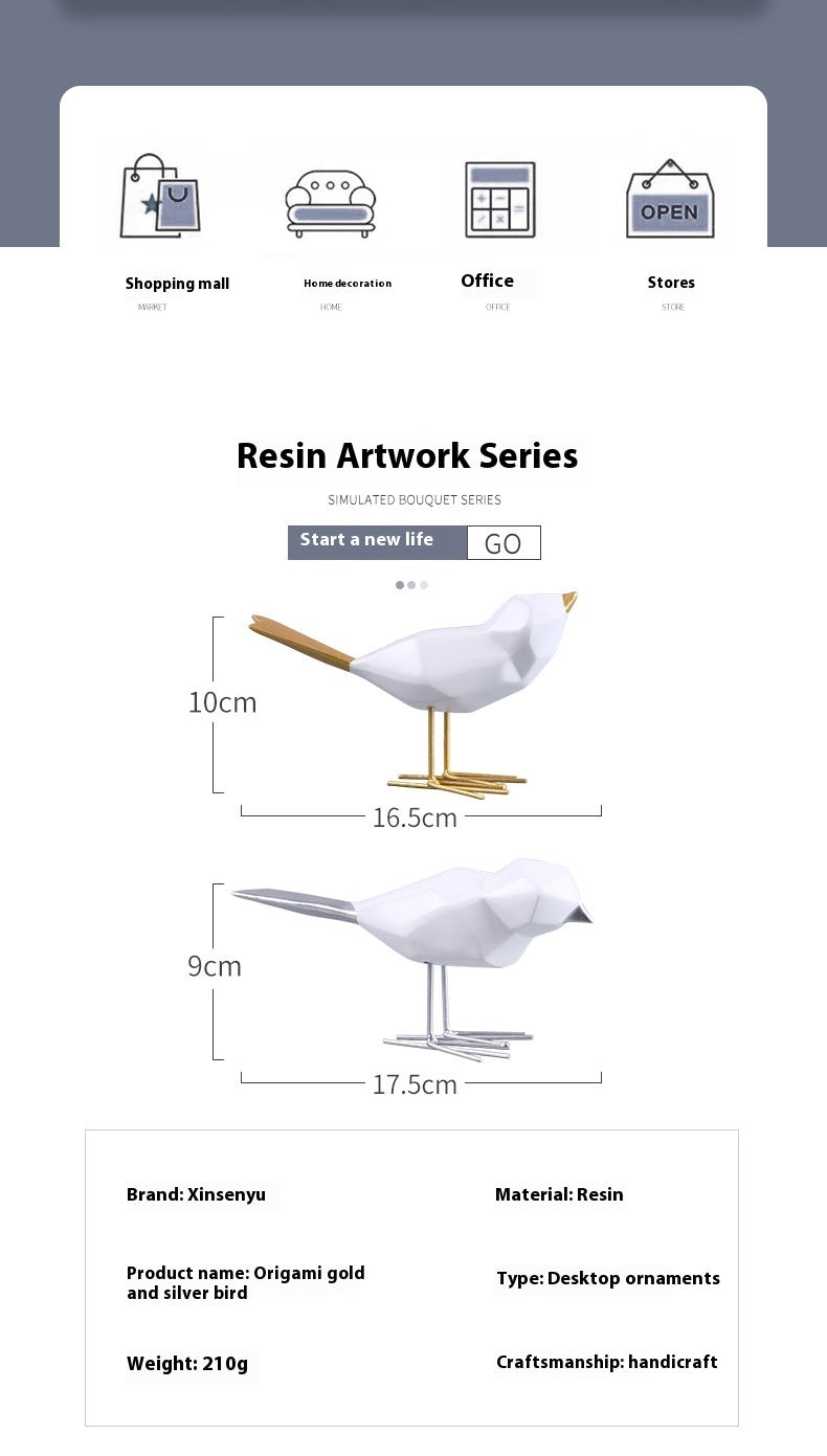 Gold And Silver Crafts Gift Origami Bird Hallway Home Resin Decorations